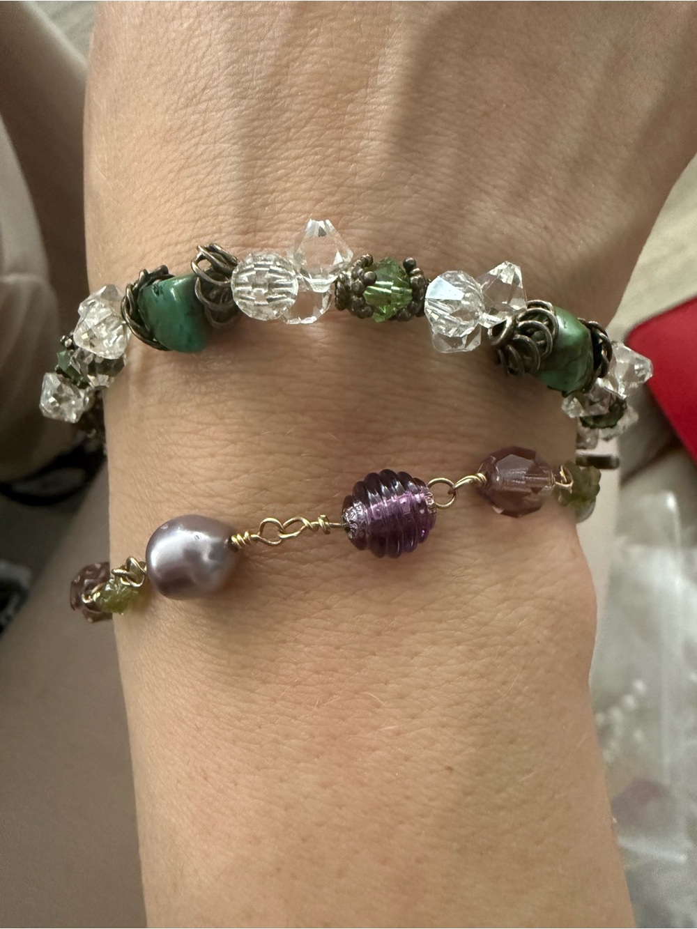 Source‎ Unknown Green and Purple Beaded Bracelet Set with Crystal Accents - Picture 2 of 6